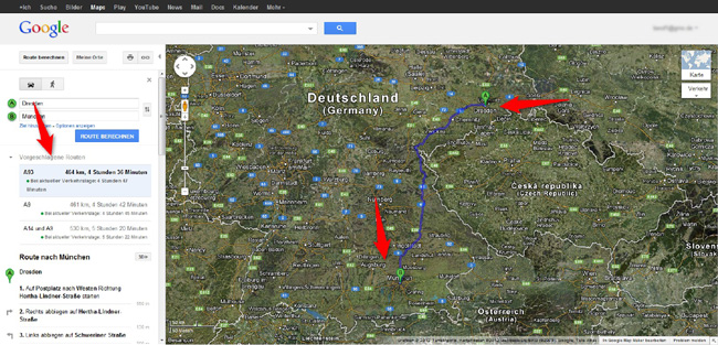 Einfache Route geplant mit Google Maps