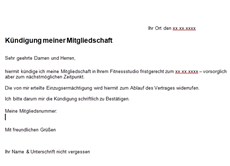 Vorlage mcfit mitgliedschaft kündigen McFIT Graz